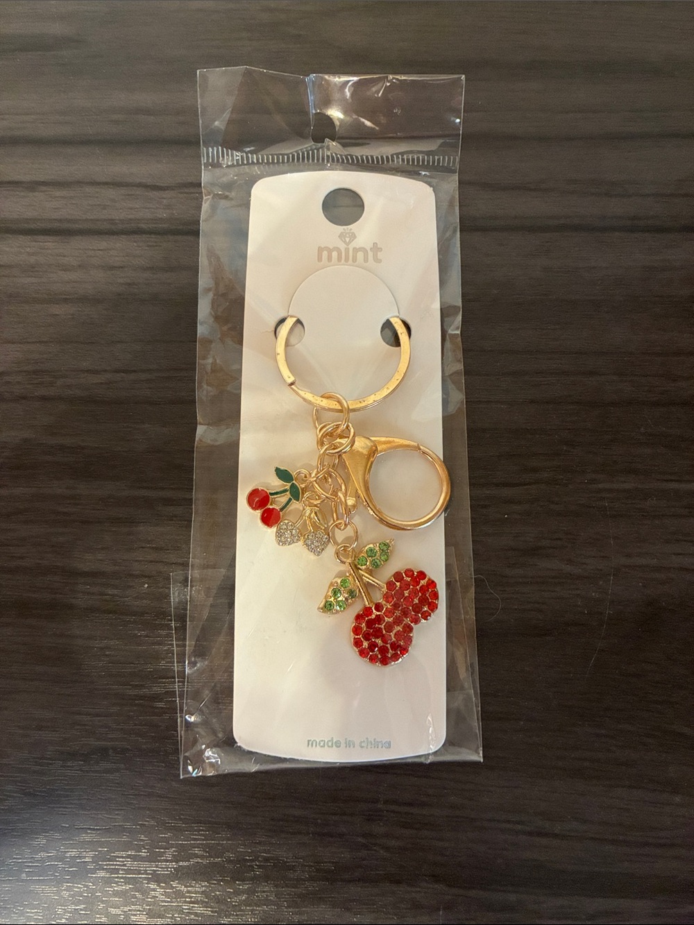 Gold Cherry Crystal Keychain Rhinestone Charm Bag Clip Red Green - Picture 3 of 5